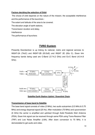 54
Factors deciding the selection of Orbit
The choice of orbit depends on the nature of the mission, the acceptable interference
and the performance of the launchers :
The extent and latitude of the area to be covered.
The elevation angle of earth stations.
Transmission duration and delay.
Interference
The performance of launchers
TVRO System
Presently Doordarshan is up linking its national, metro and regional services to
INSAT-2A (74oC) and INSAT-2B (93.5oE) and INSAT 2E (83o C). Down link
frequency bands being used are C-Band (3.7-4.2 GHz) and Ex-C Band (4.5-4.8
GHz).
Satellite Earth Station Uplink / Downlink Chain
Transmission of base band to Satellite
The base band signal consists of video (5 MHz), two audio subcarriers (5.5 MHz & 5.75
MHz) and energy dispersal signal (25 Hz). After modulation (70 MHz) and upconversion
(6 GHz) the carrier is amplified and uplinked through Solid Parabolic Dish Antenna
(PDA). Down link signal can be received through same PDA using Trans-Receive Filter
(TRF) and Low Noise Amplifier (LNA). After down conversion to 70 MHz, it is
demodulated to get audio and video.
 