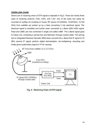 60
DOWN-LINK CHAIN
Down-Link or receiving chain of DTH signal is depicted in Fig.2. There are mainly three
sizes of receiving antenna, 0.6m, 0.9m, and 1.2m. Any of the sizes can easily be
mounted on rooftop of a building or house. RF waves (12.534GHz, 12.647GHz, 12.729
GHz) from satellite are picked up by a feed converting it into electrical signal. The
electrical signal is amplified and further down converted to L-Band (950-1450) signal.
Feed and LNBC are now combined in single unit called LNBF. The L-Band signal goes
to indoor unit, consisting a set-top box and television through coaxial cable. The set-top
box or Integrated Receiver Decoder (IRD) down converts the L-Band first IF signal to 70
MHz second IF signal, perform digital demodulation, de-multiplexing, decoding and
finally gives audio/video output to TV for viewing.
 