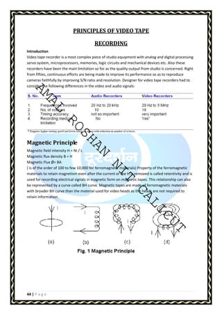 AMAL ROSHAN NIT CALICUT 
44 | P a g e 
PRINCIPLES OF VIDEO TAPE 
RECORDING 
Introduction 
Video tape recorder is a most complex piece of studio equipment with analog and digital processing 
servo system, microprocessors, memories, logic circuits and mechanical devices etc. Also these 
recorders have been the main limitation so for as the quality output from studio is concerned. Right 
from fifties, continuous efforts are being made to improve its performance so as to reproduce 
cameras faithfully by improving S/N ratio and resolution. Designer for video tape recorders had to 
consider the following differences in the video and audio signals: 
Magnetic Principle 
Magnetic field intensity H = NI / L 
Magnetic flux density B = H 
Magnetic Flux Ø= BA 
( is of the order of 100 to few 10,000 for ferromagnetic materials) Property of the ferromagnetic 
materials to retain magnetism even after the current or the H is removed is called retentivity and is 
used for recording electrical signals in magnetic form on magnetic tapes. This relationship can also 
be represented by a curve called BH curve. Magnetic tapes are made of ferromagnetic materials 
with broader BH curve than the material used for video heads as the heads are not required to 
retain information. 
 