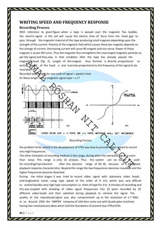 WRITING SPEED AND FREQUENCY RESPONSE 
Recording Process 
With reference to given figure when a tape is passed over the magnetic flux bubble, 
the electric signal in the coil will cause the electric lines of force from the head gap to 
pass through the magnetic material of the tape producing small magnets depending upon the 
strength of the current. Polarity of the magnetic field which causes these bar magnets depends on 
the change of current. Decreasing current will cause NS magnet and vice versa. Power of these 
magnets is as per BH curve. Thus the magnetic flux strengthens the unarranged magnetic particles as 
per the signal and they stay in that condition after the tape has already passed the 
magnetic head (fig. 2). Length of the magnet thus formed is directly proportional to 
writing speed of the head v, and inversely proportional to the frequency of the signal to be 
recorded, i.e. 
Recorded wavelength for one cycle of signal = speed x time 
Or Wave length of the magnetic signal tape = v / f 
AMAL ROSHAN NIT CALICUT 
45 | P a g e 
Recording Process 
the problem to be solved in the development of VTRs was how to provide higher speed to record 
very high frequencies. 
The other limitation of recording medium is the range, during when the extracted signal is more 
than noise. This range is only 10 octaves. Thus the system can no longer be used 
for recording/reproduction after this dynamic range of 60 db, because of 6 dB/octave 
playback response characteristics. Beyond this range the low frequencies becomes inaudible and the 
higher frequencies become distorted. 
During the initial stages it was tried to record video signal with stationary video heads 
and longitudinal tracks using tape speed of the order of 9 m/s which was very difficult 
to control besides very high tape consumption i.e, miles of tape for 3 to 4 minutes of recording and 
this was coupled with breaking of video signal frequencies into 10 parts recorded by 10 
different video heads and then switched during playback to retrieve the signal. The 
quality of the reproduced signal was also compromised up to the resolution of 1.7 MHz 
or so. Around 1956 the ‘AMPEX' company of USA then came out with Quadruplex machines 
having two revolutionary ideas which laid the foundation of present day VTRs/VCRs. 
 