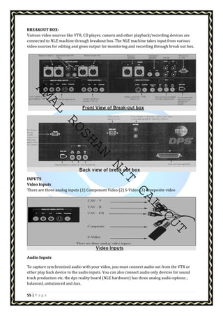 BREAKOUT BOX-Various 
video sources like VTR, CD player, camera and other playback/recording devices are 
connected to NLE machine through breakout box. The NLE machine takes input from various 
video sources for editing and gives output for monitoring and recording through break out box. 
AMAL ROSHAN NIT CALICUT 
INPUTS 
Video Inputs 
There are three analog inputs (1) Component Video (2) S-Video (3) Composite video 
Audio Inputs 
To capture synchronized audio with your video, you must connect audio out from the VTR or 
other play back device to the audio inputs. You can also connect audio only devices for sound 
track production etc. the dps reality board (NLE hardware) has three analog audio options ; 
balanced, unbalanced and Aux. 
55 | P a g e 
 