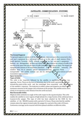 AMAL ROSHAN NIT CALICUT 
The Ground Segment 
The ground segment consists of all the earth stations ; these are most often connected to the 
end- user's equipment by a terrestrial network or, in the case of small stations (Very 
Small Aperture Terminal, VSAT), directly connected to the end-user's equipment. 
Stations are distinguished by their size which varies according to the volume of traffic to be 
carried on the space link and the type of traffic (telephone, television or data). The largest are 
equipped with antenna of 30 m diameter (Standard A of the INTELSAT network). The 
smallest have 0.6 m antenna (direct television receiving stations). Fixed, 
transportable and mobile stations can also be distinguished. Some stations are both 
transmitters and receivers. 
Space Geometry 
Types of Orbit 
The orbit is the trajectory followed by the satellite in equilibrium between two 
opposing forces. These are the force of attraction, due to the earth's gravitation, directed 
towards the centre of the earth and the centrifugal force associated with the curvature 
of the satellite's trajectory. The trajectory is within a plane and shaped as an ellipse with a 
maximum extension at the apogee and a minimum at the perigee. The satellite moves more 
slowly in its trajectory as the distance from the earth increases. 
Most favourable Orbits 
Elliptical orbits inclined at an angle of 64o with respect to the equatorial plane. This orbit 
enables the satellite to cover regions of high latitude for a large fraction of the orbital period as 
it passes to the apogee. This type of orbit has been adopted by the USSR for the 
satellites of the MOLNYA system with a period of 12 hours. Please note that the satellite 
remains above the regions located under the apogee for a period of the order of 8 hours. 
Continuous coverage can be ensured with three phased satellites on different orbits. 
65 | P a g e 
 