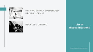 List of
disqualifications
DRIVING WITH A SUSPENDED
DRIVER LICENSE
RECKLESS DRIVING
https;//bestreferraldriver.com
 