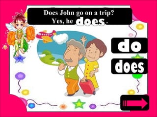 Does John go on a trip?
Yes, he _________.