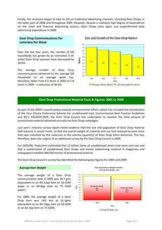 Finally, the recession began to take its toll on traditional advertising channels, including Door Drops, in 
the latter part of 2008 and throughout 2009. However, despite a relatively high degree of dependence 
on  the  retail  and  financial  advertising  sectors,  Door  Drops  once  again  out  outperformed  total 
advertising expenditure in 2009.  

    Door Drop Communications Per                                                             Size and Growth of the Door Drop Market
    Letterbox Per Week 
                                                                                      10.0
                                                                                       9.0
                                                                                       8.0
Over  the  last  four  years,  the  number  of  GB 
                                                                                       7.0
households  has  grown  by  an  estimated  3.1%                                        6.0




                                                                             Items.
whilst Door Drop volumes have decreased by                                             5.0
                                                                                                 9.1
34.6%.                                                                                 4.0                         8.3
                                                                                                                                    7.7
                                                                                                                                                    6.8
                                                                                       3.0                                                                           5.8
The  average  number  of  Door  Drop                                                   2.0
                                                                                       1.0
communications  delivered  to  the  average  GB 
                                                                                       0.0
household  on  an  average  week  has,                                                          2005              2006             2007            2008              2009
therefore, fallen from 9.1 items in 2005 to 5.8                                                                                    Year
items in 2009 ‐ a reduction of 36.6%.                                                              Average Volume (Items) Per GB Household Per Week

 

                        Door Drop Promotional Material Facts & Figures: 2005 to 2009 
                                                                                                                                                                             

As part of the DMA’s overall policy towards environmental affairs, which has included the introduction 
of  the  Your  Choice  Preference  Scheme  for  unaddressed  mail,  Environmental  Best  Practice  Guidelines 
and  BSi’s  PAS2020:2009,  the  Door  Drop  Council  has  undertaken  to  monitor  the  total  amount  of 
promotional material delivered annually via Door Drop campaigns.  

Last  year’s  industry  survey  report  noted  evidence  that  the  size  and  pagination  of  Door  Drop  material 
had reduced in recent times, so that the overall weight of material sent out had reduced by even more 
than  was  indicated  by  the  reduction  in  the  volume  (quantity)  of  Door  Drop  items  delivered.  This  has, 
therefore, been the subject of an additional survey by the Door Drop Council in 2009.  

For 2005/06, Postcomm estimated that 13 billion items of unaddressed direct mail were sent out and 
that  a  combination  of  unaddressed  Door  Drops  and  Inserts  (advertising  material  in  magazines  and 
newspapers) totalled 368,500 tonnes of promotional material. 

The Door Drop Council’s survey has identified the following key figures for 2005 and 2009:  

    Average Item Weight                                         
                                                                                                       Door Drop Industry Weight Estimates
                                                                                                           - Average Item Weight - gms

                                                                              20.0
The  average  weight  of  a  Door  Drop 
                                                                              18.0
communication item in 2005 was 18.7 gms                                       16.0

(equivalent to an A4‐12pp item on 50 GSM                                      14.0
                                                                              12.0
paper  or  an  A4‐8pp  item  on  75  GSM                                                         Average Item Weight -
                                                                       Gms




                                                                              10.0                                                           Average Item Weight -
                                                                                                         gms
paper).                                                                        8.0                       18.7                                        gms
                                                                               6.0                                                                   16.1

                                                                               4.0
For  2009,  the  average  weight  of  a  Door                                  2.0

Drop  item  was  14%  less  at  16.1gms                                        0.0
                                                                                                         2005                                        2009
(equivalent to an A4‐10pp item on 50 GSM                                                                                      Year
or an A4‐7pp item on 75 GSM). 
                                                                                                                 Average Item Weight - gms




       DMA Door Drop Council – Annual Door Drop Facts & Figures 2009                                                                                  Page 3 of 5 
 
