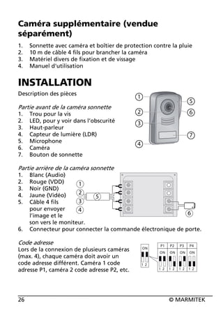 Caméra supplémentaire (vendue
séparément)
1.
2.
3.
4.

Sonnette avec caméra et boîtier de protection contre la pluie
10 m de câble 4 fils pour brancher la caméra
Matériel divers de fixation et de vissage
Manuel d'utilisation

INSTALLATION
Description des pièces

Partie avant de la caméra sonnette
1.
2.
3.
4.
5.
6.
7.

Trou pour la vis
LED, pour y voir dans l’obscurité
Haut-parleur
Capteur de lumière (LDR)
Microphone
Caméra
Bouton de sonnette

1
2

5
6

3
7
4

Partie arrière de la caméra sonnette
1.
2.
3.
4.
5.

6.

Blanc (Audio)
Rouge (VDD)
1
Noir (GND)
2
Jaune (Vidéo)
5
3
Câble 4 fils
pour envoyer
4
6
l’image et le
son vers le moniteur.
Connecteur pour connecter la commande électronique de porte.

Code adresse
Lors de la connexion de plusieurs caméras
(max. 4), chaque caméra doit avoir un
code adresse différent. Caméra 1 code
adresse P1, caméra 2 code adresse P2, etc.

26

© MARMITEK

 