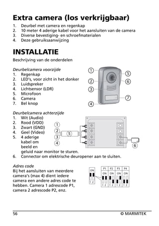 Extra camera (los verkrijgbaar)
1.
2.
3.
4.

Deurbel met camera en regenkap
10 meter 4 aderige kabel voor het aansluiten van de camera
Diverse bevestiging- en schroefmaterialen
Deze gebruiksaanwijzing

INSTALLATIE
Beschrijving van de onderdelen
Deurbelcamera voorzijde
1. Regenkap
2. LED’s, voor zicht in het donker
3. Luidspreker
4. Lichtsensor (LDR)
5. Microfoon
6. Camera
7. Bel knop

1

5

2

6

3
7
4

Deurbelcamera achterzijde
1. Wit (Audio)
2. Rood (VDD)
1
3. Zwart (GND)
2
4. Geel (Video)
5
3
5. 4 aderige
kabel om
4
beeld en
geluid naar monitor te sturen.
6. Connector om elektrische deuropener aan te sluiten.

6

Adres code
Bij het aansluiten van meerdere
camera’s (max 4) dient iedere
camera een andere adres code te
hebben. Camera 1 adrescode P1,
camera 2 adrescode P2, enz.

56

© MARMITEK

 