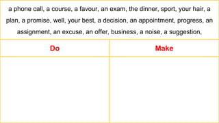 a phone call, a course, a favour, an exam, the dinner, sport, your hair, a
plan, a promise, well, your best, a decision, an appointment, progress, an
assignment, an excuse, an offer, business, a noise, a suggestion,
Do Make
 
