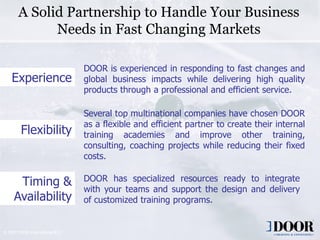 A Solid Partnership to Handle Your Business
             Needs in Fast Changing Markets

                                 DOOR is experienced in responding to fast changes and
    Experience                   global business impacts while delivering high quality
                                 products through a professional and efficient service.

                                 Several top multinational companies have chosen DOOR
                                 as a flexible and efficient partner to create their internal
         Flexibility             training academies and improve other training,
                                 consulting, coaching projects while reducing their fixed
                                 costs.

      Timing &                   DOOR has specialized resources ready to integrate
                                 with your teams and support the design and delivery
     Availability                of customized training programs.


© 2007 DOOR International B.V.
                                          Copyright 2006 DOOR International               10
 