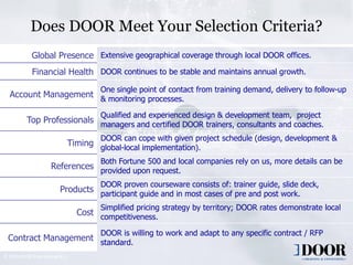 Does DOOR Meet Your Selection Criteria?
             Global Presence Extensive geographical coverage through local DOOR offices.
             Financial Health DOOR continues to be stable and maintains annual growth.
                                       One single point of contact from training demand, delivery to follow-up
  Account Management & monitoring processes.

                                       Qualified and experienced design & development team, project
          Top Professionals managers and certified DOOR trainers, consultants and coaches.

                                       DOOR can cope with given project schedule (design, development &
                             Timing global-local implementation).

                                       Both Fortune 500 and local companies rely on us, more details can be
                      References provided upon request.

                                       DOOR proven courseware consists of: trainer guide, slide deck,
                          Products participant guide and in most cases of pre and post work.

                                       Simplified pricing strategy by territory; DOOR rates demonstrate local
                                 Cost competitiveness.

                                       DOOR is willing to work and adapt to any specific contract / RFP
  Contract Management standard.
© 2009 DOOR International B.V.
                                                Copyright 2006 DOOR International                         12
 