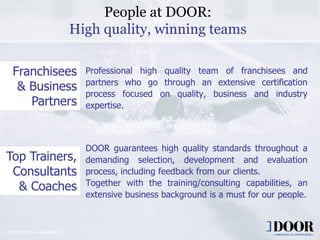 People at DOOR:
                                 High quality, winning teams

    Franchisees                    Professional high quality team of franchisees and
                                   partners who go through an extensive certification
     & Business
                                   process focused on quality, business and industry
       Partners                    expertise.



                                   DOOR guarantees high quality standards throughout a
 Top Trainers,                     demanding selection, development and evaluation
  Consultants                      process, including feedback from our clients.
                                   Together with the training/consulting capabilities, an
   & Coaches
                                   extensive business background is a must for our people.



© 2007 DOOR International B.V.
                                           Copyright 2006 DOOR International           7
 