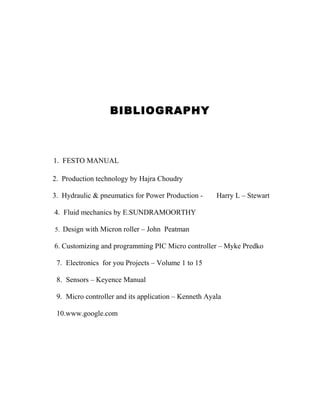 BIBLIOGRAPHY 
1. FESTO MANUAL 
2. Production technology by Hajra Choudry 
3. Hydraulic & pneumatics for Power Production - Harry L – Stewart 
4. Fluid mechanics by E.SUNDRAMOORTHY 
5. Design with Micron roller – John Peatman 
6. Customizing and programming PIC Micro controller – Myke Predko 
7. Electronics for you Projects – Volume 1 to 15 
8. Sensors – Keyence Manual 
9. Micro controller and its application – Kenneth Ayala 
10.www.google.com 
 