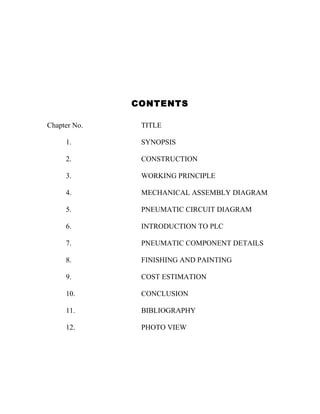 CONTENTS 
Chapter No. TITLE 
1. SYNOPSIS 
2. CONSTRUCTION 
3. WORKING PRINCIPLE 
4. MECHANICAL ASSEMBLY DIAGRAM 
5. PNEUMATIC CIRCUIT DIAGRAM 
6. INTRODUCTION TO PLC 
7. PNEUMATIC COMPONENT DETAILS 
8. FINISHING AND PAINTING 
9. COST ESTIMATION 
10. CONCLUSION 
11. BIBLIOGRAPHY 
12. PHOTO VIEW 
 