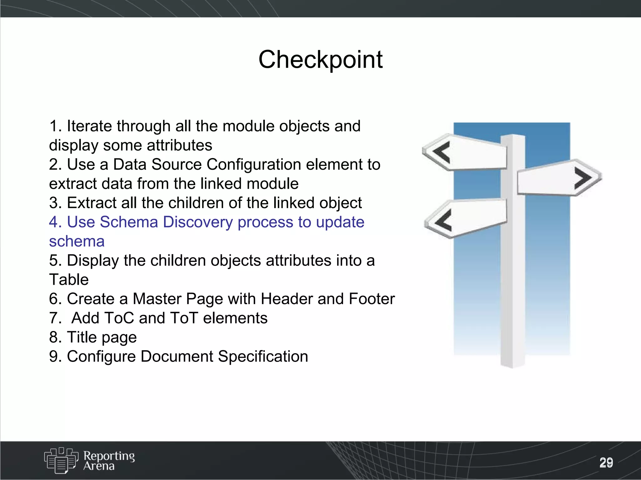 Checkpoint 1. Iterate through all the module objects and display some attributes 2. Use a Data Source Configuration element to extract data from the linked module 3. Extract all the children of the linked object 4. Use Schema Discovery process to update schema 5. Display the children objects attributes into a Table  6. Create a Master Page with Header and Footer 7.  Add ToC and ToT elements 8. Title page 9. Configure Document Specification  