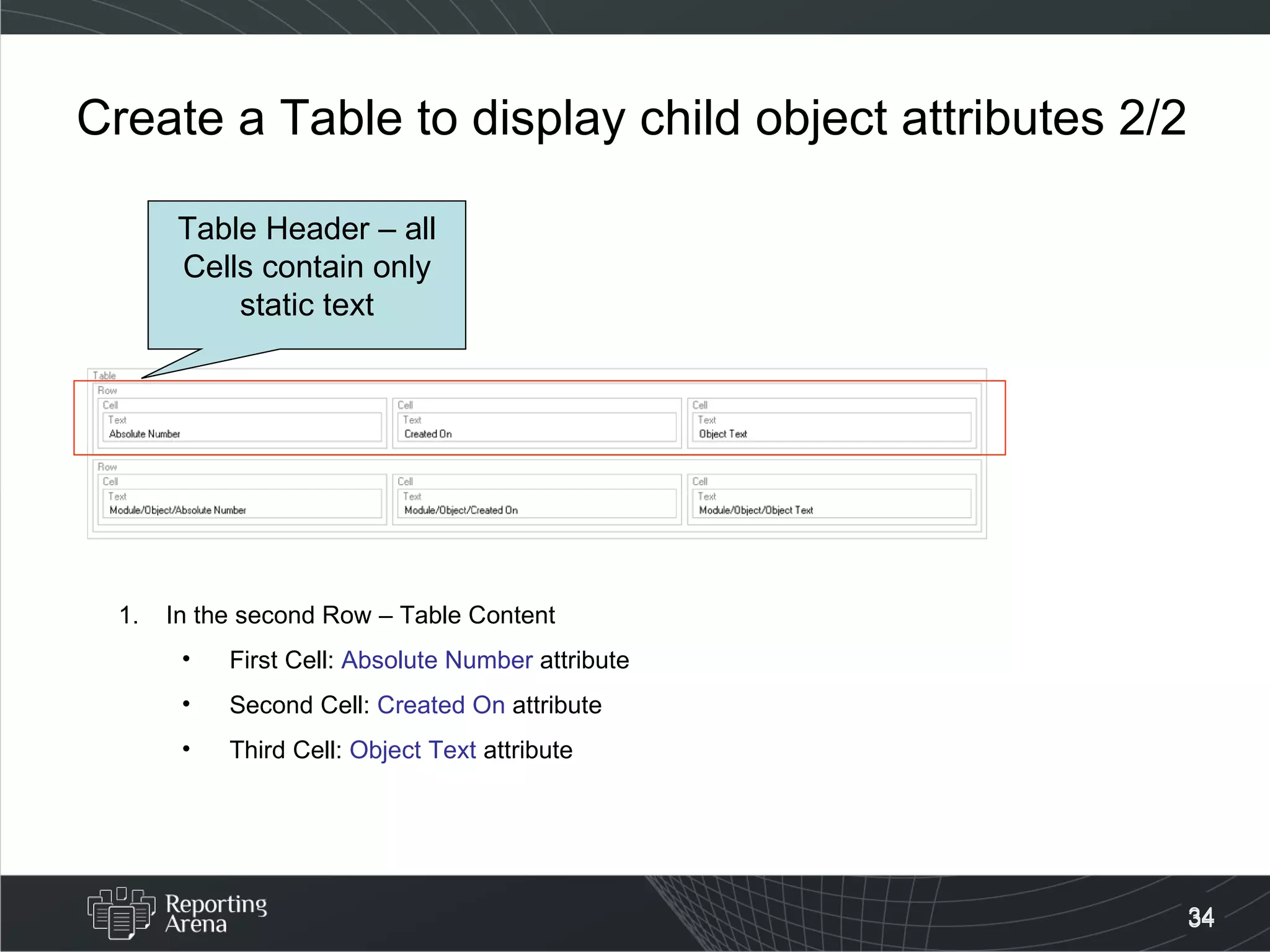 Create a Table to display child object attributes 2/2 Table Header – all Cells contain only static text In the second Row – Table Content First Cell:  Absolute Number  attribute Second Cell:  Created On  attribute Third Cell:  Object Text  attribute 