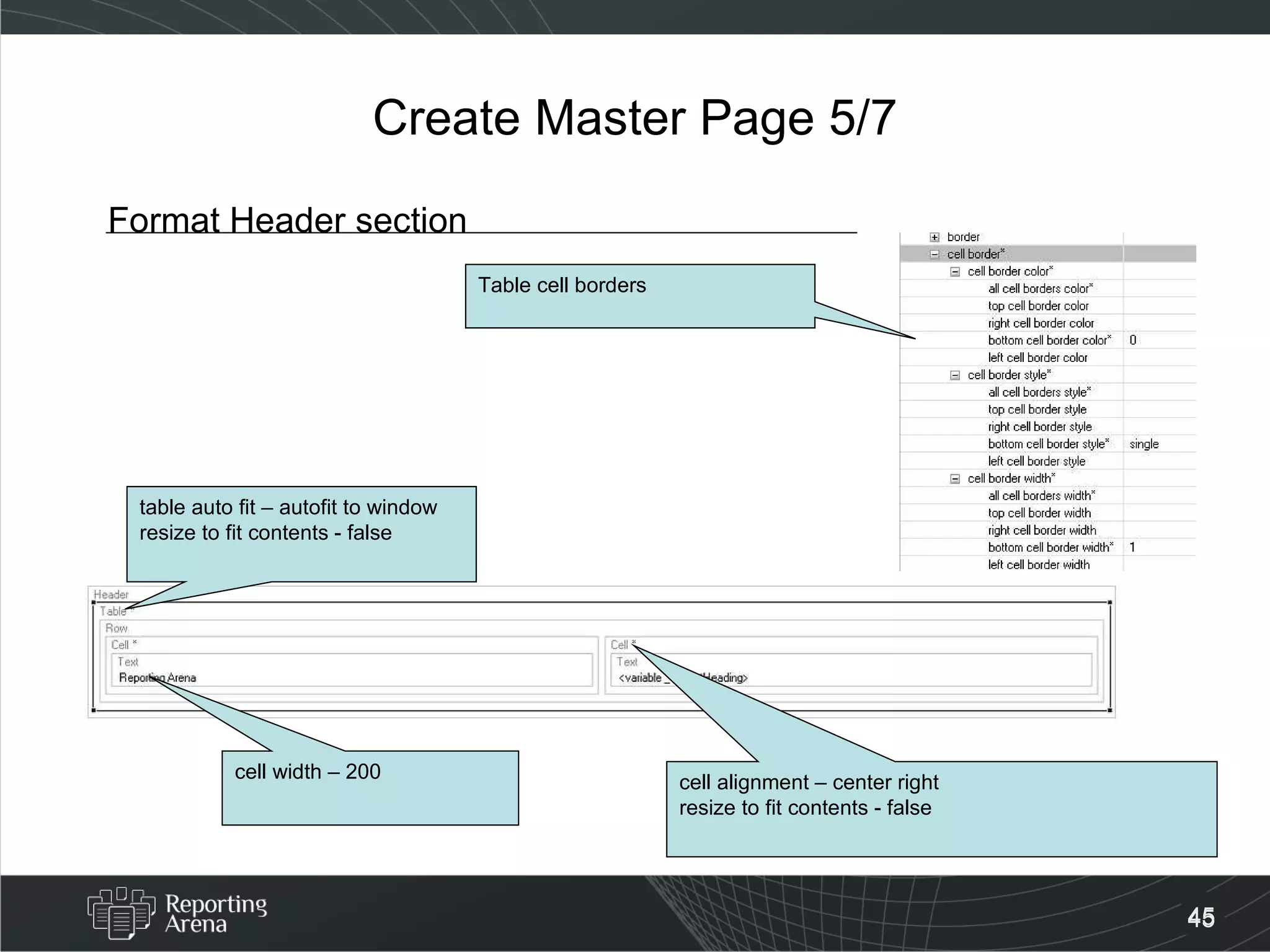 Create Master Page 5/7 Format Header section table auto fit – autofit to window resize to fit contents - false cell width – 200 Table cell borders cell alignment – center right resize to fit contents - false 