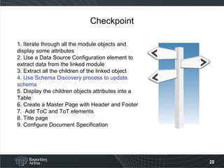 Checkpoint 1. Iterate through all the module objects and display some attributes 2. Use a Data Source Configuration element to extract data from the linked module 3. Extract all the children of the linked object 4. Use Schema Discovery process to update schema 5. Display the children objects attributes into a Table  6. Create a Master Page with Header and Footer 7.  Add ToC and ToT elements 8. Title page 9. Configure Document Specification  