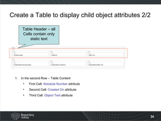 Create a Table to display child object attributes 2/2 Table Header – all Cells contain only static text In the second Row – Table Content First Cell:  Absolute Number  attribute Second Cell:  Created On  attribute Third Cell:  Object Text  attribute 