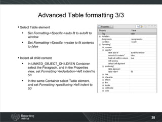 Advanced Table formatting 3/3 Select Table element  Set  Formatting->Specific->auto fit  to  autofit to window Set  Formatting->Specific->resize to fit contents  to  false   Indent all child content In LINKED_OBJECT_CHILDREN Container select the Paragraph, and in the Properties view, set  Formatting->Indentation->left indent  to  50 In the same Container select Table element, and set  Formatting->positioning->left indent  to  50 