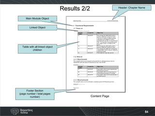 Results 2/2 Content Page Main Module Object Linked Object Table with all linked object children Footer Section (page number / total pages number) Header: Chapter Name 