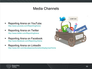 Media Channels Reporting Arena on YouTube http://www.youtube.com/ReportingArena Reporting Arena on Twitter http://www.twitter.com/ReportingArena Reporting Arena on Facebook http://www.facebook.com/Reporting-Arena Reporting Arena on LinkedIn http://www.ibm.com/developerworks/wikis/display/rpe/Home 