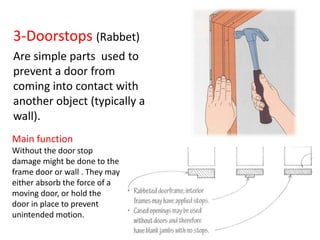 3-Doorstops (Rabbet)
Are simple parts used to
prevent a door from
coming into contact with
another object (typically a
wall).
Main function
Without the door stop
damage might be done to the
frame door or wall . They may
either absorb the force of a
moving door, or hold the
door in place to prevent
unintended motion.
 