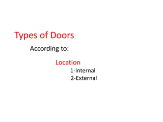 Types of Doors
Location
1-Internal
2-External
 
