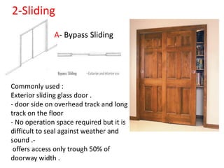 A- Bypass Sliding
Commonly used :
Exterior sliding glass door .
- door side on overhead track and long
track on the floor
- No operation space required but it is
difficult to seal against weather and
sound .-
offers access only trough 50% of
doorway width .
2-Sliding
 