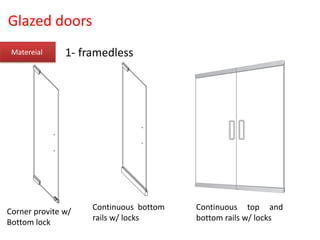 Glazed doors
Matereial 1- framedless
Continuous top and
bottom rails w/ locks
Corner provite w/
Bottom lock
Continuous bottom
rails w/ locks
 