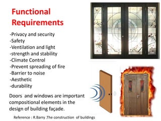 Functional
Requirements
-Privacy and security
-Safety
-Ventilation and light
-strength and stability
-Climate Control
-Prevent spreading of fire
-Barrier to noise
-Aesthetic
-durability
Doors and windows are important
compositional elements in the
design of building façade.
Reference : R.Barry .The construction of buildings
 