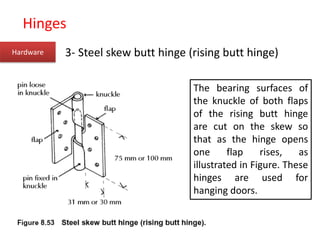 Hinges
Hardware 3- Steel skew butt hinge (rising butt hinge)
The bearing surfaces of
the knuckle of both flaps
of the rising butt hinge
are cut on the skew so
that as the hinge opens
one flap rises, as
illustrated in Figure. These
hinges are used for
hanging doors.
 