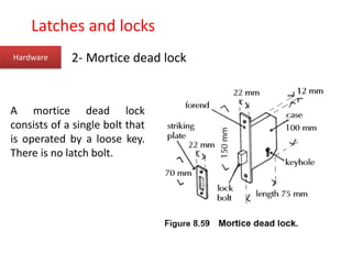 Hardware 2- Mortice dead lock
A mortice dead lock
consists of a single bolt that
is operated by a loose key.
There is no latch bolt.
Latches and locks
 