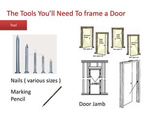 The Tools You’ll Need To frame a Door
Nails ( various sizes )
Door Jamb
Marking
Pencil
Tool
 