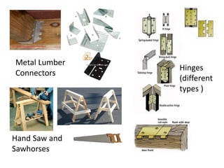 Metal Lumber
Connectors
Hand Saw and
Sawhorses
Hinges
(different
types )
 