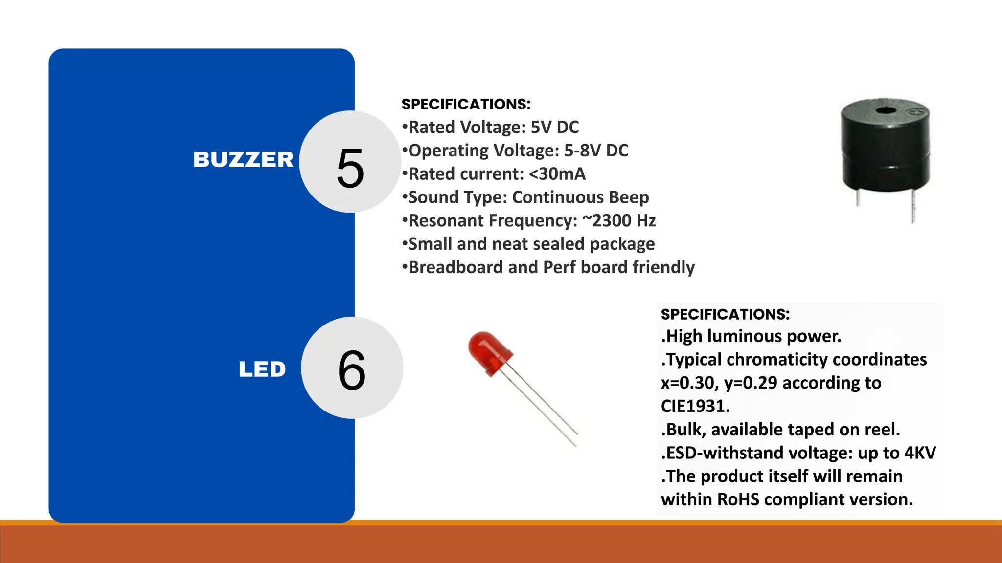 SPECIFICATIONS:
․High luminous power.
․Typical chromaticity coordinates
x=0.30, y=0.29 according to
CIE1931.
․Bulk, available taped on reel.
․ESD-withstand voltage: up to 4KV
․The product itself will remain
within RoHS compliant version.
SPECIFICATIONS:
•Rated Voltage: 5V DC
•Operating Voltage: 5-8V DC
•Rated current: <30mA
•Sound Type: Continuous Beep
•Resonant Frequency: ~2300 Hz
•Small and neat sealed package
•Breadboard and Perf board friendly
5
BUZZER
6
LED
 