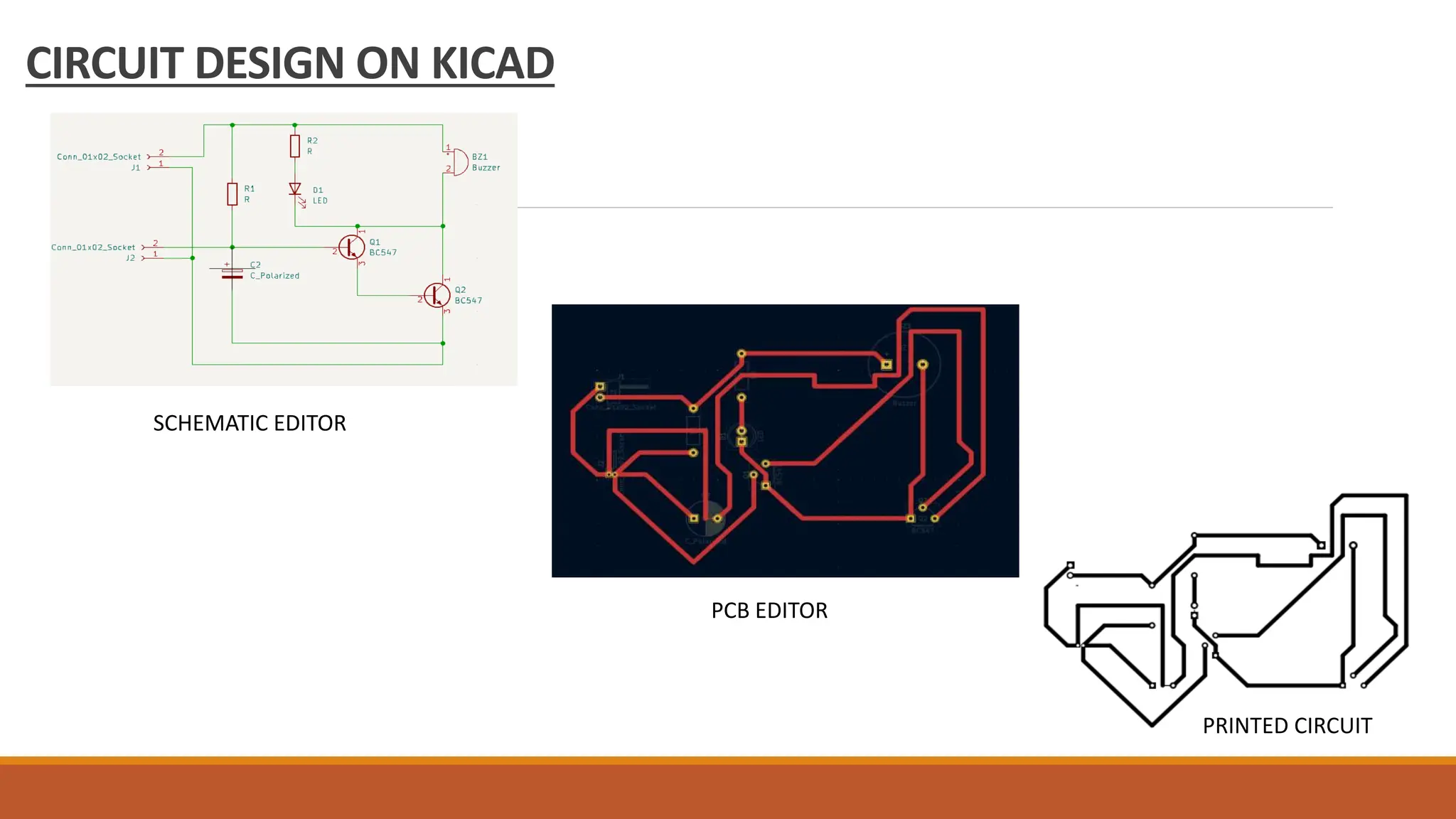 CIRCUIT DESIGN ON KICAD
SCHEMATIC EDITOR
PCB EDITOR
PRINTED CIRCUIT
 