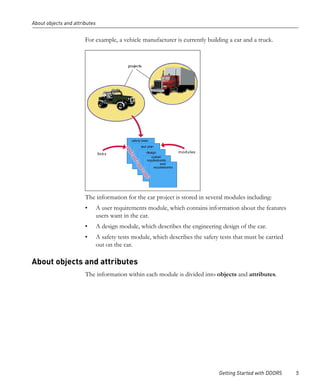 About objects and attributes


                       For example, a vehicle manufacturer is currently building a car and a truck.




                       The information for the car project is stored in several modules including:
                       •       A user requirements module, which contains information about the features
                               users want in the car.
                       •       A design module, which describes the engineering design of the car.
                       •       A safety tests module, which describes the safety tests that must be carried
                               out on the car.

About objects and attributes
                       The information within each module is divided into objects and attributes.




                                                                                Getting Started with DOORS    5
 