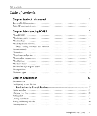 Table of contents


Table of contents
    Chapter 1: About this manual                                                                                                                               1
    Typographical Conventions. . . . . . . . . . . . . . . . . . . . . . . . . . . . . . . . . . . . . . . . . . . . . . . . . . . . . . . . . . . 1
    Related Documentation . . . . . . . . . . . . . . . . . . . . . . . . . . . . . . . . . . . . . . . . . . . . . . . . . . . . . . . . . . . . . . 1

    Chapter 2: Introducing DOORS                                                                                                                               3
    About DOORS . . . . . . . . . . . . . . . . . . . . . . . . . . . . . . . . . . . . . . . . . . . . . . . . . . . . . . . . . . . . . . . . . . . . 3
    About requirements . . . . . . . . . . . . . . . . . . . . . . . . . . . . . . . . . . . . . . . . . . . . . . . . . . . . . . . . . . . . . . . . . 4
    About modules. . . . . . . . . . . . . . . . . . . . . . . . . . . . . . . . . . . . . . . . . . . . . . . . . . . . . . . . . . . . . . . . . . . . . 4
    About objects and attributes . . . . . . . . . . . . . . . . . . . . . . . . . . . . . . . . . . . . . . . . . . . . . . . . . . . . . . . . . . 5
       Object Heading and Object Text attributes. . . . . . . . . . . . . . . . . . . . . . . . . . . . . . . . . . . . . . . . . . . 6
    About traceability . . . . . . . . . . . . . . . . . . . . . . . . . . . . . . . . . . . . . . . . . . . . . . . . . . . . . . . . . . . . . . . . . . . 7
    About views . . . . . . . . . . . . . . . . . . . . . . . . . . . . . . . . . . . . . . . . . . . . . . . . . . . . . . . . . . . . . . . . . . . . . . . 8
    About folders and projects . . . . . . . . . . . . . . . . . . . . . . . . . . . . . . . . . . . . . . . . . . . . . . . . . . . . . . . . . . . 8
    About tracking changes . . . . . . . . . . . . . . . . . . . . . . . . . . . . . . . . . . . . . . . . . . . . . . . . . . . . . . . . . . . . . . 9
    About baselines . . . . . . . . . . . . . . . . . . . . . . . . . . . . . . . . . . . . . . . . . . . . . . . . . . . . . . . . . . . . . . . . . . . 11
    About edit modes. . . . . . . . . . . . . . . . . . . . . . . . . . . . . . . . . . . . . . . . . . . . . . . . . . . . . . . . . . . . . . . . . . 12
    About the Change Proposal System . . . . . . . . . . . . . . . . . . . . . . . . . . . . . . . . . . . . . . . . . . . . . . . . . . . 12
    About partitions . . . . . . . . . . . . . . . . . . . . . . . . . . . . . . . . . . . . . . . . . . . . . . . . . . . . . . . . . . . . . . . . . . . 13
    About user types . . . . . . . . . . . . . . . . . . . . . . . . . . . . . . . . . . . . . . . . . . . . . . . . . . . . . . . . . . . . . . . . . . 14

    Chapter 3: Quick tour                                                                                                                                 17
    About this tour . . . . . . . . . . . . . . . . . . . . . . . . . . . . . . . . . . . . . . . . . . . . . . . . . . . . . . . . . . . . . . . . . . . .   17
    Getting ready to start the tour . . . . . . . . . . . . . . . . . . . . . . . . . . . . . . . . . . . . . . . . . . . . . . . . . . . . . . . .           17
        Install and run the Example Database . . . . . . . . . . . . . . . . . . . . . . . . . . . . . . . . . . . . . . . .                                  17
    Editing a module . . . . . . . . . . . . . . . . . . . . . . . . . . . . . . . . . . . . . . . . . . . . . . . . . . . . . . . . . . . . . . . . . .      21
    Changing your view . . . . . . . . . . . . . . . . . . . . . . . . . . . . . . . . . . . . . . . . . . . . . . . . . . . . . . . . . . . . . . . .        28
    Making a link . . . . . . . . . . . . . . . . . . . . . . . . . . . . . . . . . . . . . . . . . . . . . . . . . . . . . . . . . . . . . . . . . . . . .   31
    Creating an attribute. . . . . . . . . . . . . . . . . . . . . . . . . . . . . . . . . . . . . . . . . . . . . . . . . . . . . . . . . . . . . . . .      37
    Sorting and filtering the data . . . . . . . . . . . . . . . . . . . . . . . . . . . . . . . . . . . . . . . . . . . . . . . . . . . . . . . . .          40
    Finishing the tour . . . . . . . . . . . . . . . . . . . . . . . . . . . . . . . . . . . . . . . . . . . . . . . . . . . . . . . . . . . . . . . . . .    43



                                                                                                              Getting Started with DOORS                      iii
 