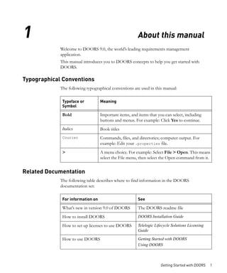 1                                                       About this manual
             Welcome to DOORS 9.0, the world’s leading requirements management
             application.
             This manual introduces you to DOORS concepts to help you get started with
             DOORS.

Typographical Conventions
             The following typographical conventions are used in this manual:

              Typeface or          Meaning
              Symbol

              Bold                 Important items, and items that you can select, including
                                   buttons and menus. For example: Click Yes to continue.
              Italics              Book titles
              Courier              Commands, files, and directories; computer output. For
                                   example: Edit your .properties file.
              >                    A menu choice. For example: Select File > Open. This means
                                   select the File menu, then select the Open command from it.


Related Documentation
             The following table describes where to find information in the DOORS
             documentation set:

              For information on                        See

              What’s new in version 9.0 of DOORS        The DOORS readme file
              How to install DOORS                      DOORS Installation Guide

              How to set up licenses to use DOORS       Telelogic Lifecycle Solutions Licensing
                                                        Guide

              How to use DOORS                          Getting Started with DOORS
                                                        Using DOORS



                                                                     Getting Started with DOORS   1
 