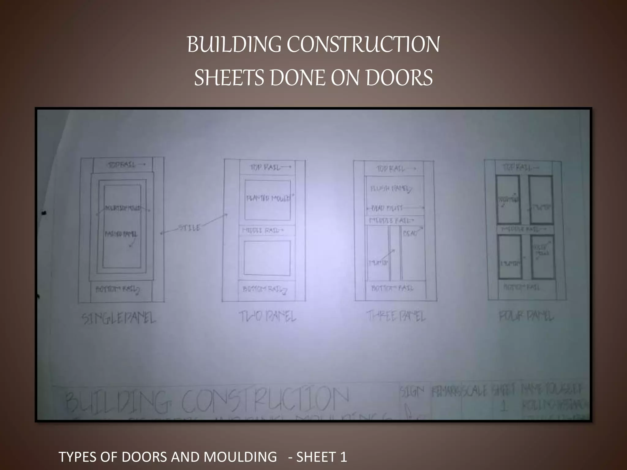 BUILDING CONSTRUCTION
SHEETS DONE ON DOORS
TYPES OF DOORS AND MOULDING - SHEET 1
 