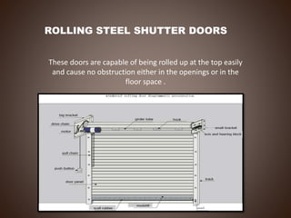 ROLLING STEEL SHUTTER DOORS
These doors are capable of being rolled up at the top easily
and cause no obstruction either in the openings or in the
floor space .
 