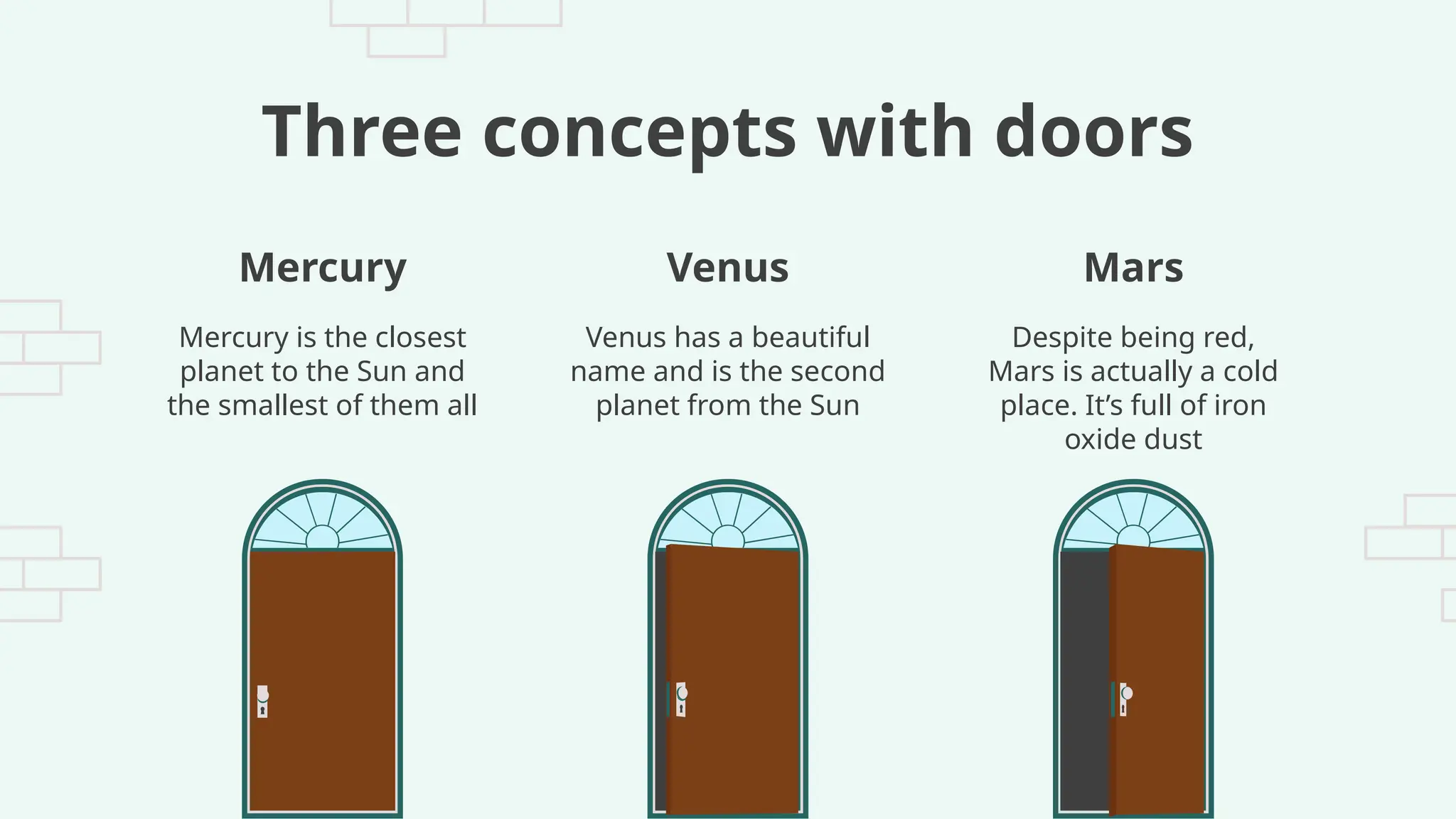 Three concepts with doors
Mercury is the closest
planet to the Sun and
the smallest of them all
Venus has a beautiful
name and is the second
planet from the Sun
Despite being red,
Mars is actually a cold
place. It’s full of iron
oxide dust
Mercury Venus Mars
 