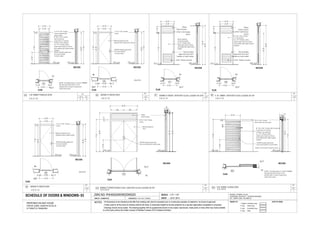 7'-0"
3"
Eq Eq
6'-0"
FFL
3"X 4" H.W. Timber
frame
GOOD Quality approved
lock and handle on both sides
9"
8'-6"
SECTION
3"8'-4"
D10
QTY
G.F.
1
6'-0'' X 8'-6''
MARINE PLYWOOD DOUBLE SASH DOOR WITH GLASS LOUVERS ON TOP
PLAN
IN
OUT
3" 3"D10
2'-6"
Marine plywood
door
Glass
fixed louvers
8'-6"
FFL
MICHELE FONSEKA FIA (SL)
CHARTERED ARCHITECT / INTERIOR DESIGNER
40/1, JOSEPH LANE, COLOMBO 04.
- All dimensions to be checked at site after final meeting with client & consultant prior to construction.samples of material to be shown & approved.
DWG NO: PHHADS/AR/WD/DWS/03
DWN BY : CHAMUPATHI
SCALE : 1'-0" = 1/4"SCHEDULE OF DOORS & WINDOWS- 03
1. Original - Contractor's copy
2. Copy - Client's copy
3. Copy - Consultant's copy
4. Copy - Other
ISSUED TO : DATE OF ISSUE:
CHECKED BY : Archt. M.M. FONSEKA
- Drawings should not be scaled. This drawing together with its supplements should not be copied, reproduced, made public or inany other way made available
to a third party without the written consent of Michele Fonseka (FIA) Chartered Architect.
- Timber used for all the doors & windows shall be kiln dried, & chemically treated for termite protection by a reputed organization acceptable to consultant.
NOTES
D7
QTY
L.G.F.
12-6'' X 7'-0''
Marineplywood
door tobepainted
for3111Rusticwhite,
whitewashfinishbyOsmo
andsealedwithwaterbased
sealant.
2"X4" H.W timber
frame
Good quality
approved lock and
handle on both sides
F.F.L
3'-0"
Glass
fixed louvers
7'-0"
3"1'-3"
8'-6"
8'-3"
SECTION
FFL
3'-0"
PLAN
D7
IN
OUT
3" 3"
MARINE PLYWOOD DOOR WITH GLASS LOUVERS ON TOP
DATE : 24.01.2014
PROPOSED HOLIDAY HOUSE
FOR DR. & MRS. ASANTHA DE SILVA
AT PARATTA, PANADURA
2'-9"
2"X4" H.W timber
frame
Good quality
approved lock and
handle on both sides
F.F.L
3'-0"
Glass
fixed louvers
7'-0"
3"1'-3"
8'-6"
6'-9"
SECTION
FFL
3'-0"
PLAN
D8
IN
OUT
3" 3"
2'-9"
D8
QTY
L.G.F.
12-6'' X 7'-0''
H. W. TIMBER DOOR WITH GLASS LOUVERS ON TOP
H.W. Timber louvers H.W. Timber louvers
3
4 " Thk. H.W. Timber
to be painted
for 3111 Rustic white ,
white wash finish by Osmo
and sealed with water based
sealant.
2'-6'' X 7'-0''
D5 D6
3-0'' X 7'-0''
MARINE PLYWOOD DOOR
QTY
G.F.
3
QTY
L.G.F.
6
GOOD Quality approved
lock and handle
on both sides
7'-0"
6'-9"
SECTION
FFL
2'-6"
PLAN
D5
IN
OUT
3" 3"
7'-0"
3 "X 4" H.W. Timber
frame painted with
ebony stain3"
2'-6"
FFL
IN
OUT 3'-0"
3" 2'-9" 3"
2'-0"
D6
GOOD Quality approved
lock and handle
on both sides
Marine plywood door
(stained with approved colour)
7'-0"
6'-9"
SECTION
FFL
7'-0"
3 "X 4" H.W. Timber
frame
3"
6'-9"
3'-0"
FFL
2'-6"
H.W TIMBER PANNELED DOOR
PLAN
L.G.F.
2
3
4 " Thk. H.W. Timber
with horizontal
V grooves on surface.
Timber to be painted
for 3111 Rustic white ,
white wash finish by Osmo
and sealed with water based
sealant.
DELETED
NOTE :Use Mahogany or similar TIMBER
All external timber doors to be
stained with 2 coats of approved
water base paint.
2'-6"
D9
3-0'' X 7'-0''
MARINE PLYWOOD DOOR
QTY
L.G.F.
IN
OUT 3'-0"
3" 2'-9" 3"
D9
GOOD Quality approved
lock and handle
on both sides
Marine plywood door
(Applied water based paint)
7'-0"
6'-9"
SECTION
FFL
7'-0"
3 "X 4" H.W. Timber
frame
3"
6'-9"
3'-0"
FFL
2'-6"
PLAN
1
DELETED
9"
7'-0"
SECTION
3"8'-4"
SD1
6'-0'' X 8'-6''
H.W. TIMBER SLIDING DOOR
PLAN
IN
OUT
3"
SD1
7'-0"
FFL
2'-6"
FFL
7'-0"
3"X 4" H.W. Timber
frame with top rail inside
3"
3'-3"
3
4 " Thk. H.W. Timber with horizontal
V grooves on surface.
Timber to be painted
for 3111 Rustic white ,
white wash finish by Osmo
and sealed with water based
sealant.
GOOD Quality approved
lock and handle on both sides
bottom rail inside channel on floor
NOTE :Use Mahogany or similar TIMBER
All external timber doors to be
stained with 2 coats of approved
water base paint.
QTY
G.F.
1
6"
 