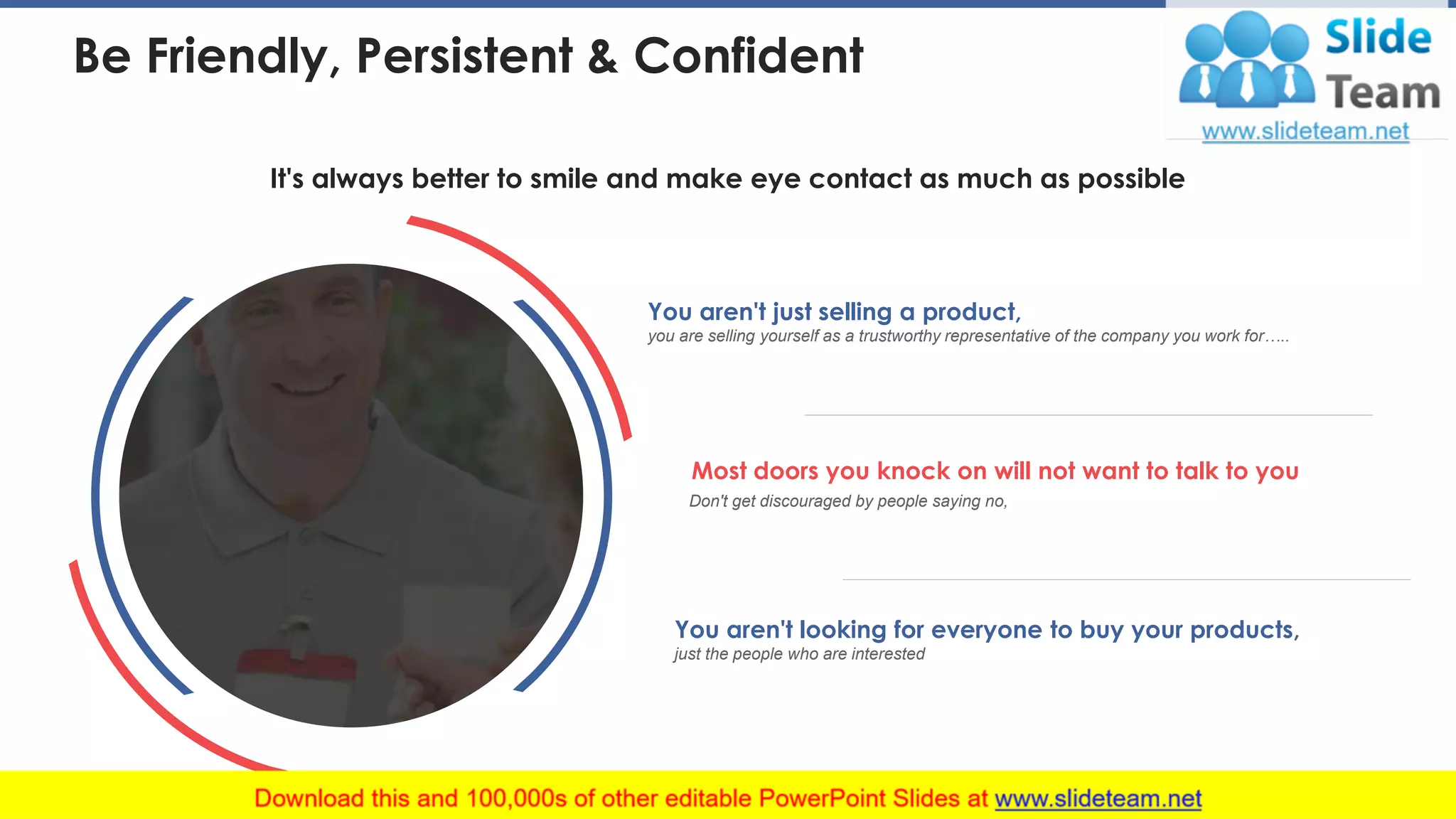 Be Friendly, Persistent & Confident
It's always better to smile and make eye contact as much as possible
Most doors you knock on will not want to talk to you
Don't get discouraged by people saying no,
You aren't just selling a product,
you are selling yourself as a trustworthy representative of the company you work for…..
You aren't looking for everyone to buy your products,
just the people who are interested
This slide is 100% editable. Adapt it to your needs and capture your audience's attention. 22
 