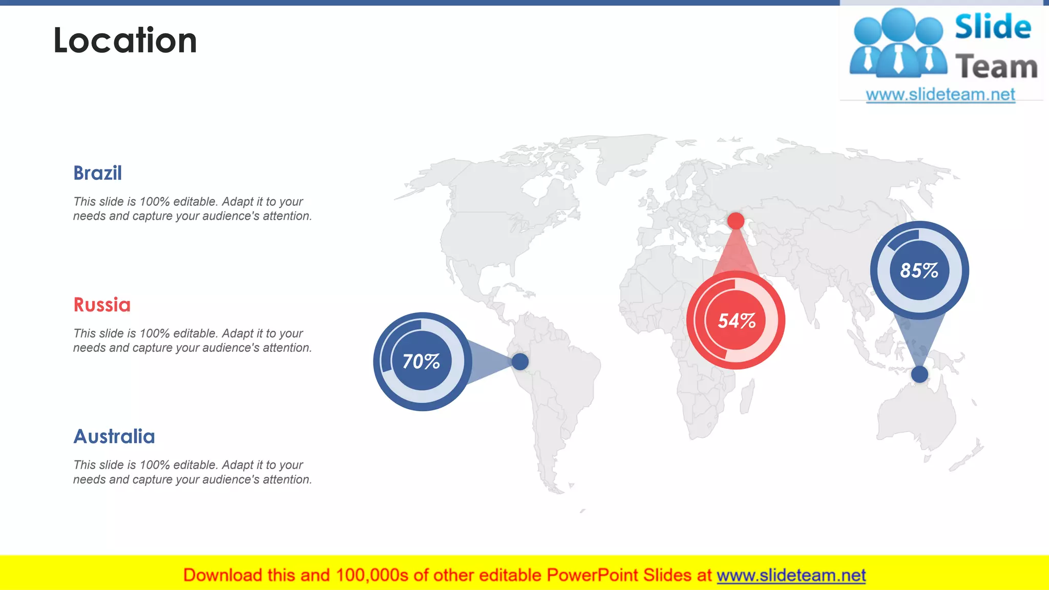 Location
This slide is 100% editable. Adapt it to your
needs and capture your audience's attention.
Brazil
This slide is 100% editable. Adapt it to your
needs and capture your audience's attention.
Russia
This slide is 100% editable. Adapt it to your
needs and capture your audience's attention.
Australia
70%
54%
85%
44
 