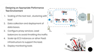 Designing an Appropriate Performance
Test Environment
1. Scaling of the test tool , clustering with
load
2. Data collectio...