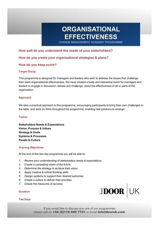 ORGANISATIONAL
                                     EFFECTIVENESS
                                  CHANGE MANAGEMENT ACADEMY PROGRAMME


How well do you understand the needs of your stakeholders?

How do you create your organisational strategies & plans?

How do you keep score?

Target Group

This programme is designed for managers and leaders who wish to address the issues that challenge
their team organisational effectiveness. We have created a lively and interactive event for managers and
leaders to engage in discussion, debate and challenge, about the effectiveness of all or parts of the
organisation.

Approach

We take a practical approach to this programme, encouraging participants to bring their own challenges to
the table, and work on them throughout the programme, enabling real solutions to emerge.

Topics

Stakeholders Needs & Expectations
Vision, Purpose & Values
Strategy & Goals
Systems & Processes
People & C lt
P    l    Culture

Training Objectives

At the end of this two day programme you will be able to:

1.   Review your understanding of stakeholders needs & expectations
2.   Create a compelling vision of the future
3.   Determine the strategy to achieve their vision
4.   Apply creative & critical thinking skills
5.   Design systems to support their desired outcomes
6.   Create a culture to deliver their priorities
7.   Create the measures of success

Duration

Two Days


                   If you would like to discuss any one of our programmes
            please call on +44 (0)118 949 7721 or email info@dooruk.com
 