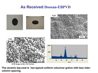 As Received   Doosan-EBPVD SEM Images of the YSZ Surface The ceramic top-coat is  has typical uniform columnar grains with less inter-column spacing.  YSZ YSZ 