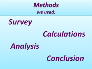 Methods
we used:
Survey
Calculations
Analysis
Conclusion
 