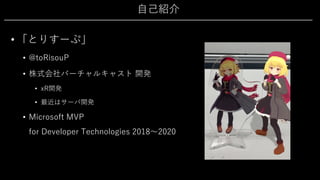 ⾃⼰紹介
• 「とりすーぷ」
• @toRisouP
• 株式会社バーチャルキャスト 開発
• xR開発
• 最近はサーバ開発
• Microsoft MVP
for Developer Technologies 2018〜2020
 